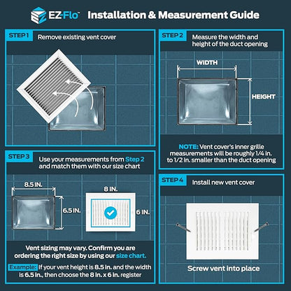 EZ-FLO 8 x 6 Inch (Duct Opening) Air Vent Cover for Wall or Ceiling, Two-Way Ventilation Register, Solid Steel HVAC Register Cover, White, 61661
