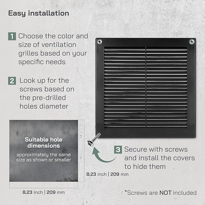 Vent Systems 8" x 8" (Opening Dimensions) Black Plastic Soffit Vent Cover - Durable Flat Square Air Vent Grille with Mesh Screen - Weather Resistant Ventilation Grill Wall & Ceiling Indoor & Outdoor