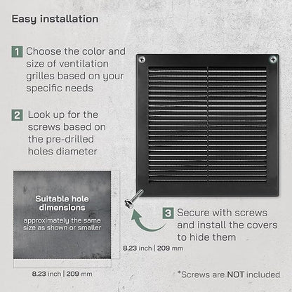 Vent Systems 8" x 8" (Opening Dimensions) Black Plastic Soffit Vent Cover - Durable Flat Square Air Vent Grille with Mesh Screen - Weather Resistant Ventilation Grill Wall & Ceiling Indoor & Outdoor