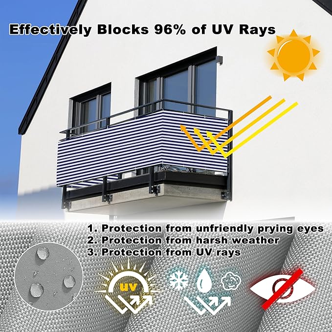Balcony Privacy Screen 2.8' x 65.6' (HDPE) UV Protection Weather-Resistant Outdoor Privacy Screen, Included Cable Zip Ties for Pergola Balcony Porch Carport Deck Window, Blue Stripes