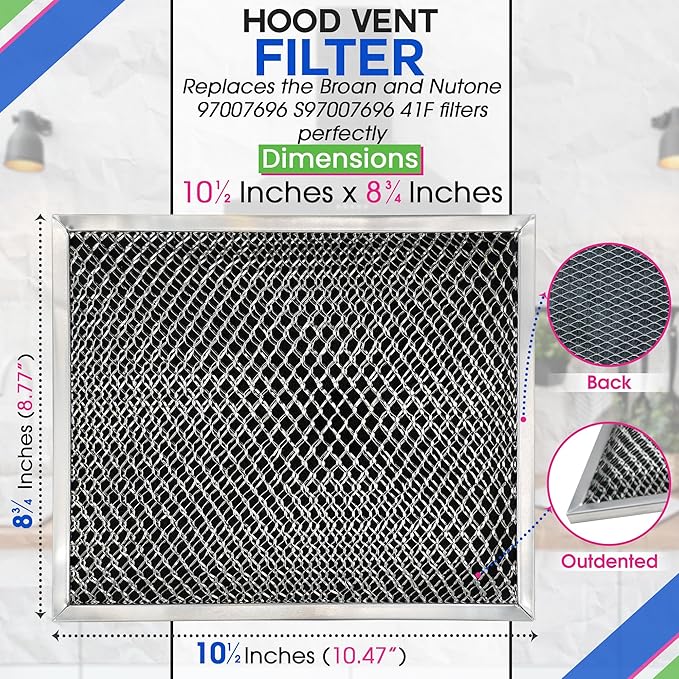 Stove Hood Vent Filter 10.5" x 8.8" 41F 97007696 Fit's Nutone & Broan Range Hood Filter Replacement for Ductless Exhaust Fan - Mesh Screen Filters Grease & Carbon Freshens Kitchen Oven Air (2-Pack)