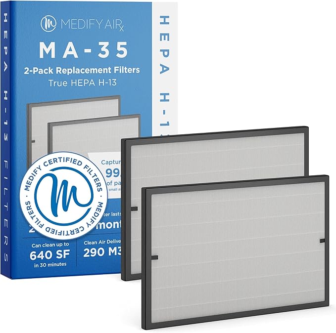 Medify MA-35 Genuine Replacement Filter for Allergens, Smoke, Wildfires, Dust, Odors, Pollen, Pet Dander | 3-in-1 with Pre-Filter, True HEPA H13 & Carbon | 0.1 Micron Removal | Black, 2-Pack