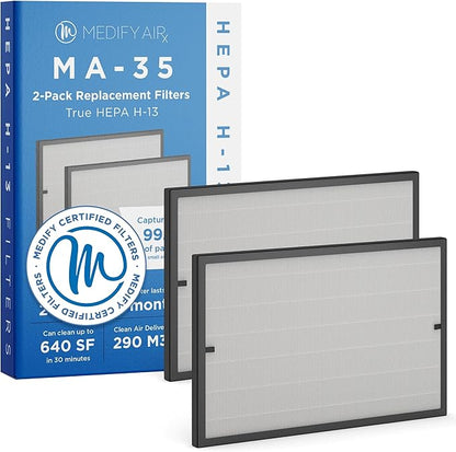 Medify MA-35 Genuine Replacement Filter for Allergens, Smoke, Wildfires, Dust, Odors, Pollen, Pet Dander | 3-in-1 with Pre-Filter, True HEPA H13 & Carbon | 0.1 Micron Removal | Black, 2-Pack