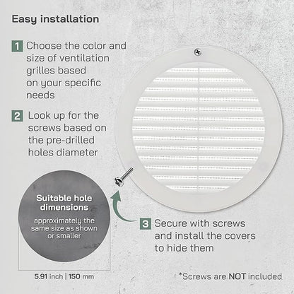 Vent Systems 6" Inch (Opening Dimensions) - Pack of 100 - White Soffit Vent Cover - Plastic Round Air Vent Grille - Built-in Mesh Screen - HVAC Register Louver for Bathroom, Home, Kitchen