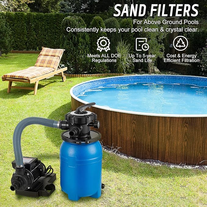 10'' Sand Pool Filter System 10000 Gallon Sand Filter with 1/3 HP Above Ground Swimming Pool Pump 6-Way Multi-Port Valve Pool Filter, Black & Blue