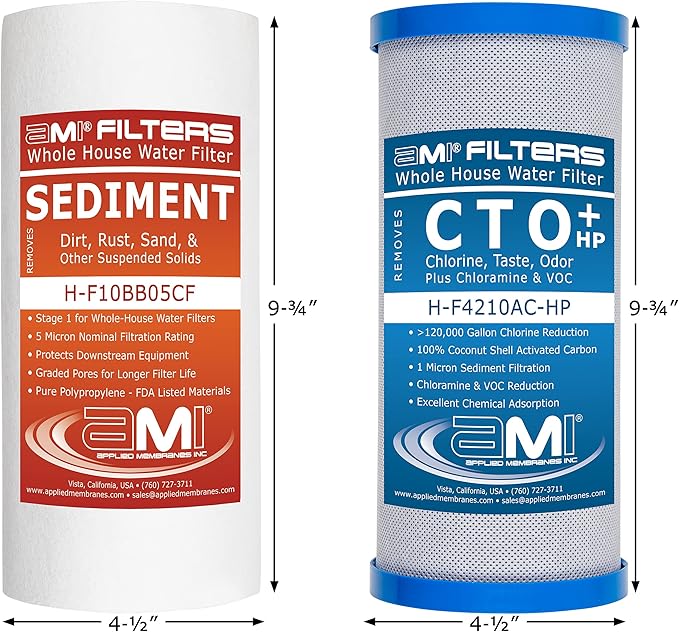 APPLIED MEMBRANES INC. Whole House Water Filter Replacement Filter Cartridge Set | 2 Stage 4.5” x 10” Sediment and Carbon Block Filters | Fits 10-inch Housings