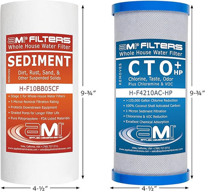 APPLIED MEMBRANES INC. Whole House Water Filter Replacement Filter Cartridge Set | 2 Stage 4.5” x 10” Sediment and Carbon Block Filters | Fits 10-inch Housings