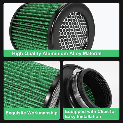 Cold Air Intake Filter High Performance Washable Filter Clamp-On Replacement Air Filter Flange Diameter 3inch/76mm Green