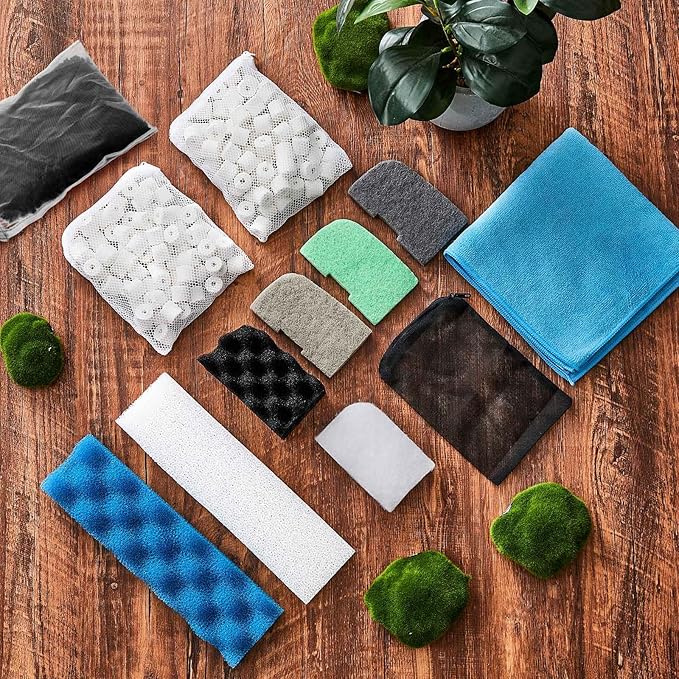68 Pcs Canister Filter Media Kit Compatible with Fluval 406/407 Filter Media, Including Mesh Bags, 2 Packs of Ceramic Rings (500g Each), Quick Clear Foam, Nitrite/Phosphate/Ammonia Remover