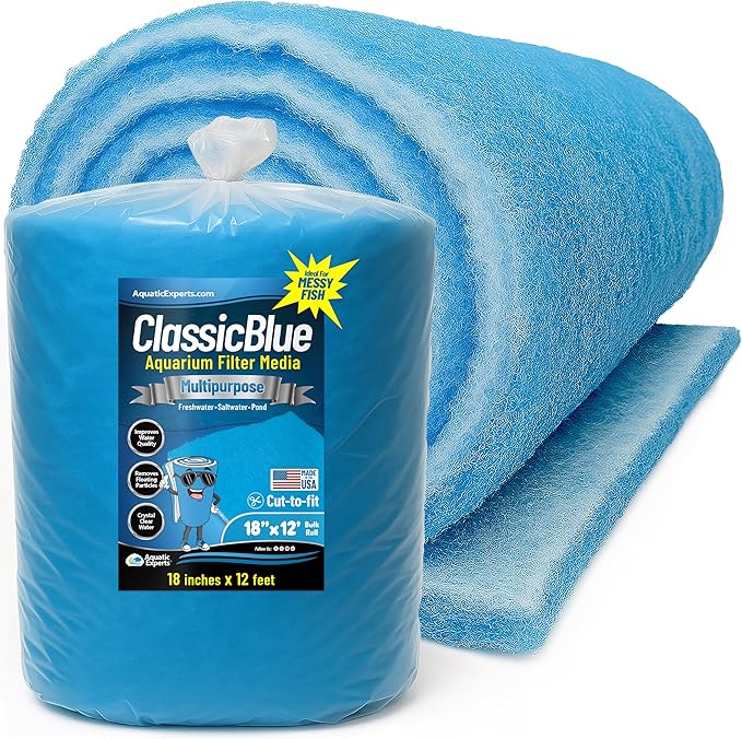 Aquatic Experts Classic Bonded Aquarium Filter Pad -18 Inches by 12 Feet by .75 Inch - Blue and White Aquarium Filter Media Roll Bulk Can Be Cut to Fit Most Filters, Made in USA (18" x 12 Feet)