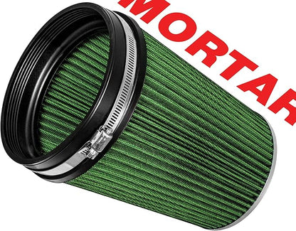 Mortar Aftermarket Auto Air Filter – 6 In Flange ID Car Enthusiast Class Universal Cold Air Intake Gulps in More Air for More Engine Power & Passionate Induction Sound, Length 8 In, Green