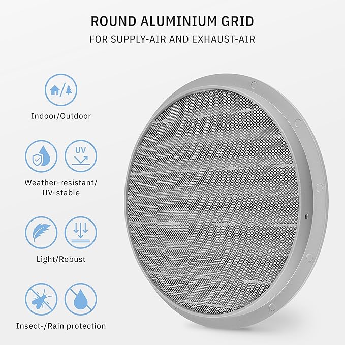 calimaero® WSGG 8" Inch Gray Round Metal Air Vent Grill Cover Flat Louver with Screen Mesh Fits Only with Metal Ducts