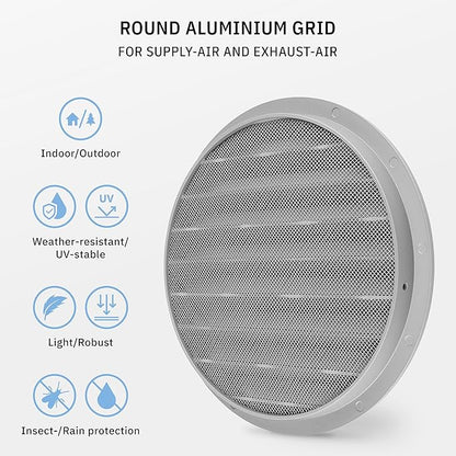 calimaero® WSGG 8" Inch Gray Round Metal Air Vent Grill Cover Flat Louver with Screen Mesh Fits Only with Metal Ducts