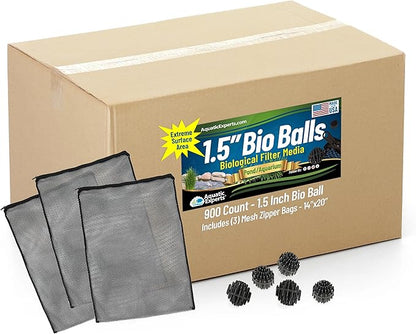 Aquatic Experts 1.5" Large Bio Balls for Ponds – Biological Filter Media for Waterfalls & Outdoor Pond Filters, Treats Up to 3,000 Gallons (900 Count + Three 14" x 20" Mesh Bags)