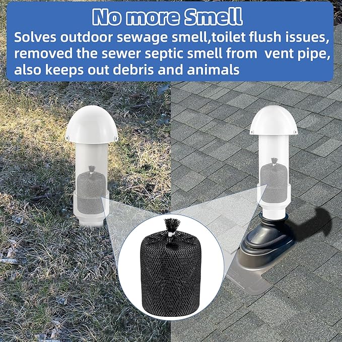 2 Inch Vent Stack Pipe Filter,Sewer Vent Septic Filter Vents Pipe Cap for Roof PVC ABS Pipes Plumbing,Outdoor Vents Filters Remove Septic and Sewer Odors&Improve Yard Patio Air,with Mushroom Cap Cover
