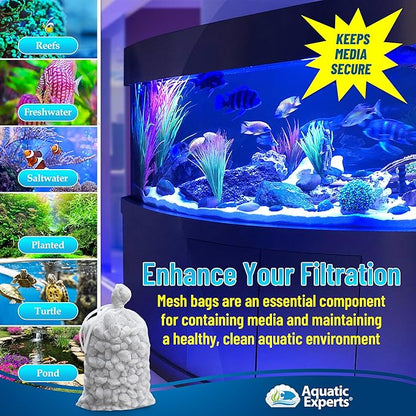 Aquatic Experts High Flow Filter Media Bag - Durable Filter Bags for Fish Tank, Secure Aquarium Media Bag with Drawstring, Media Bags for Aquarium and Pond, High Flow (White), 3” x 8” - 4 Pack