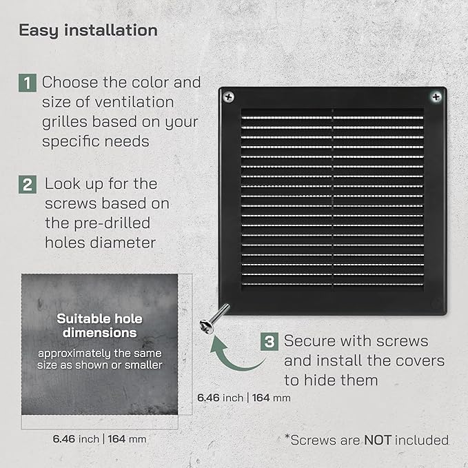 Vent Systems 6" x 6" (Opening Dimensions) - Pack of 2 - Black Plastic Soffit Vent Cover - Durable Flat Square Air Vent Grille with Mesh Screen - Ventilation Grill Wall & Ceiling Indoor & Outdoor
