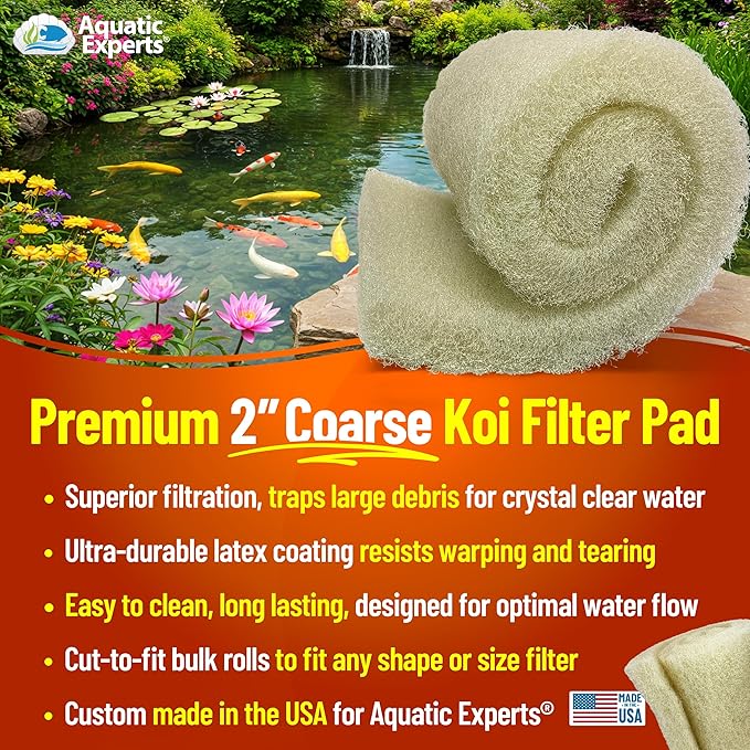 Aquatic Experts Cream COARSE Pond Filter Pad - 2 inch Thick - Bulk Roll Water Garden Filter Pond Media - Made in USA, (18 inch by 36 inch)