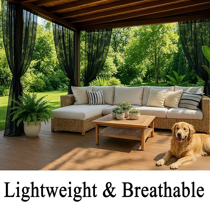 10 x 10 Outdoor Black Tulle Backdrop Curtains Waterproof Voile Sheer Screen Breathable Mash Netting Light Filtering Privacy Curtains for Patio Porch Yard Pergola Gazebo, 2 Panels