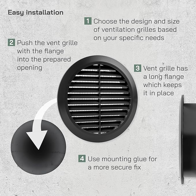 Vent Systems 5'' Inch - Black - Pack of 5 - Soffit Vent Cover - Round Air Vent Louver - Grill Cover - Built-in Insect Screen - HVAC Vents for Bathroom, Home Office, Kitchen