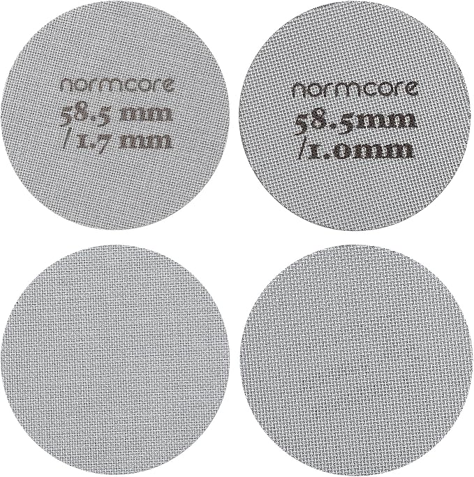 Normcore 2 Packs 58.5mm Puck Screen with Stand - Reusable Contact Shower Screen with Silicone Holder - 1.7mm / 1.0mm Thickness 150μm Mesh - Compatible with Espresso Machine 58mm Portafilter Basket