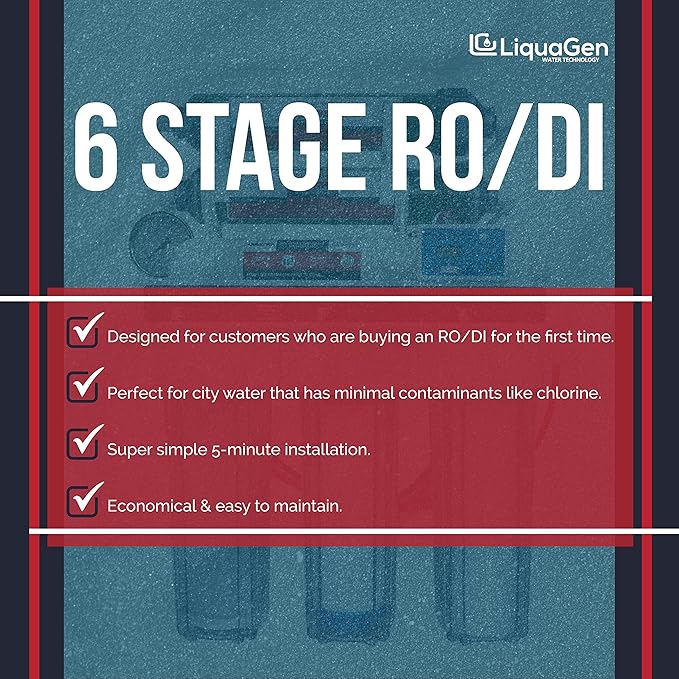 LiquaGen - 6 Stage Reverse Osmosis + Deionization Water Filtration System- 100 GPD w/Pressure Gauge & TDS Meter | Under Sink Water Filter Machine for Aquarium Water Purification