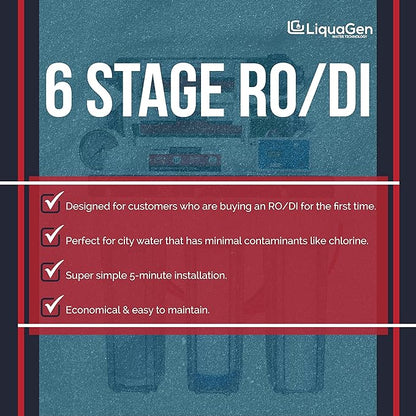 LiquaGen - 6 Stage Reverse Osmosis + Deionization Water Filtration System- 100 GPD w/Pressure Gauge & TDS Meter | Under Sink Water Filter Machine for Aquarium Water Purification