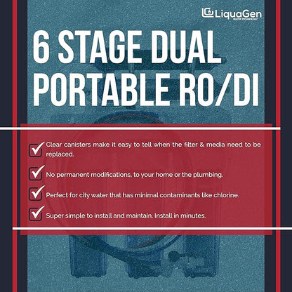 LiquaGen Portable - 6 Stage Dual Use (Drinking & 0 PPM Aquarium Reef/Deionization) Reverse Osmosis Water System (RO/DI) w/pH Alkaline Mineral Restoration Filter (75 GPD)