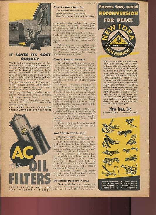 AC Oil Filters It Saves Its Cost Quickly S-3 Oil Filter Let's Finish The Job Buy Victory Bonds New Idea Farm Equipment Farms Too Need Reconversion For Peace 1945 Vintage Antique Advertisement