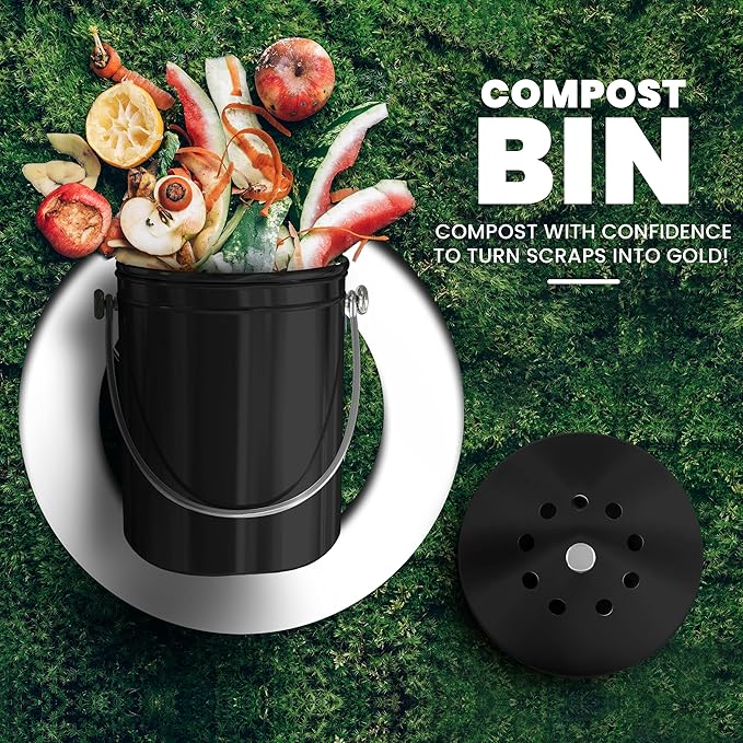 Utopia Kitchen Compost Bin for Kitchen Countertop, 1.3 Gallon Compost Bucket for Kitchen with Lid, Includes 1 Spare Charcoal Filter (Black)