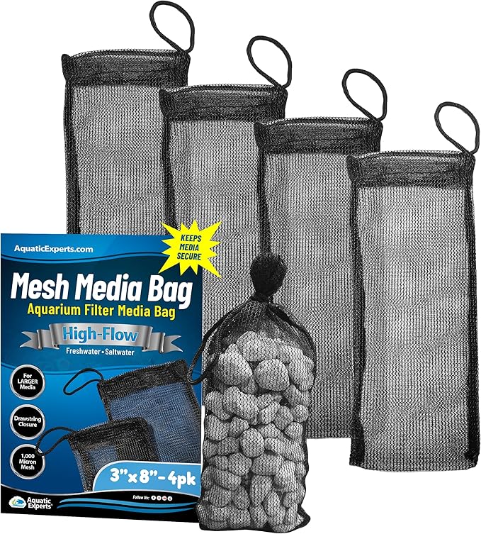 Aquatic Experts High Flow Filter Media Bag - Durable Filter Bags for Fish Tank, Secure Aquarium Media Bag with Drawstring, Media Bags for Aquarium and Pond, High Flow (Black), 3” x 8" – 4 Pack
